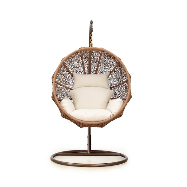 Manhattan Comfort Zolo Hanging Lounge Egg Swing Chair in Cream and Saddle Brown - OD-HC001-CR