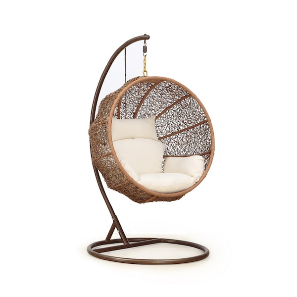 Manhattan Comfort Zolo Hanging Lounge Egg Swing Chair in Cream and Saddle Brown - OD-HC001-CR