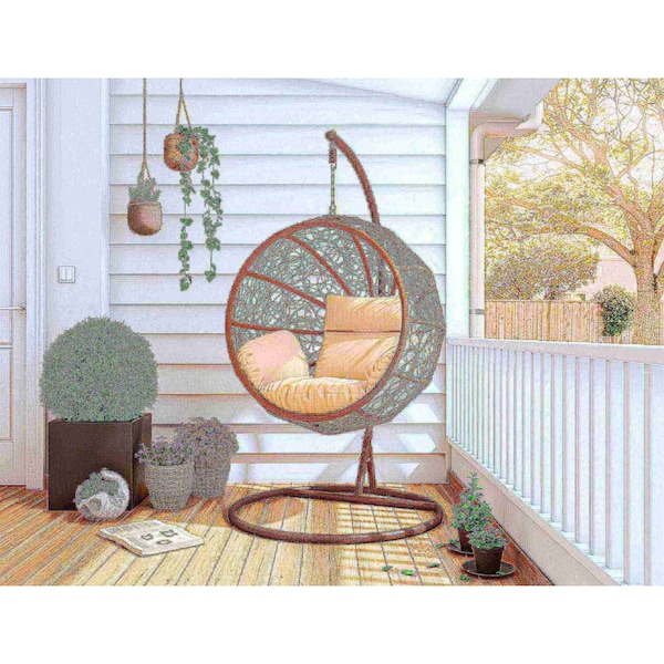 Manhattan Comfort Zolo Hanging Lounge Egg Swing Chair in Cream and Saddle Brown - OD-HC001-CR