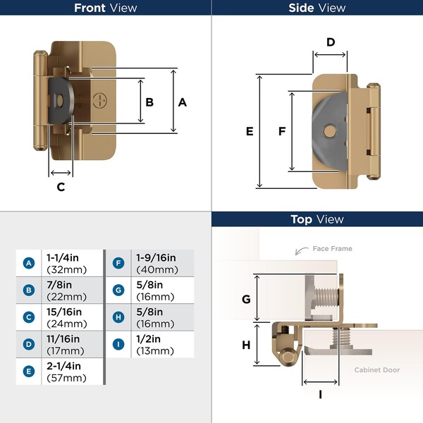 Amerock 1/2in 13mm Overlay Double Demountable Champagne Bronze Cabinet Hinge, 1 Pair - BPR8704CZ
