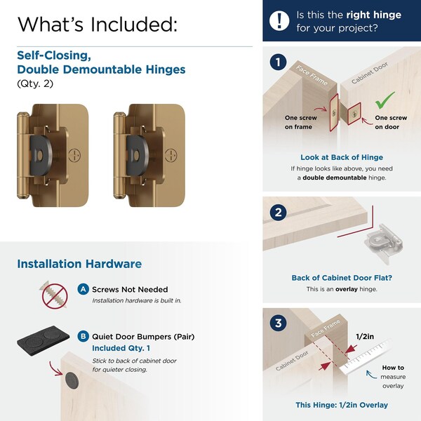Amerock 1/2in 13mm Overlay Double Demountable Champagne Bronze Cabinet Hinge, 1 Pair - BPR8704CZ