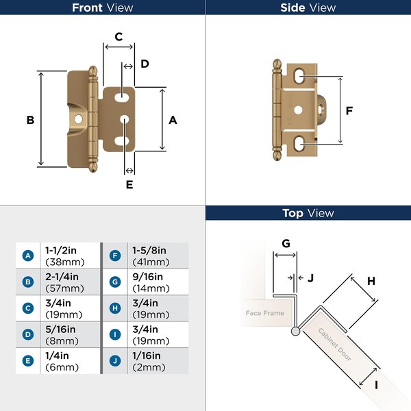 Amerock 3/4in 19mm Door Thickness Full Inset Full Wrap Ball Tip Champagne Bronze Cabinet Hinge, Single - PK3175TBCZ