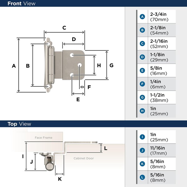 Amerock 3/8in 10 mm Inset Self-Closing, Face Mount Satin Nickel Hinge - 1 Pair - BPR7928G10