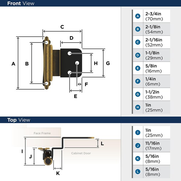 Amerock 3/8in 10 mm Inset Self-Closing, Face Mount Antique Brass Hinge - 1 Pair - BPR7928AE