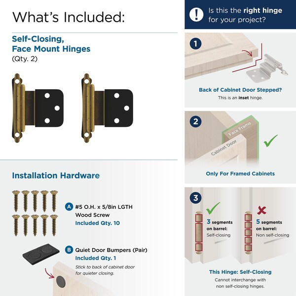 Amerock 3/8in 10 mm Inset Self-Closing, Face Mount Antique Brass Hinge - 1 Pair - BPR7928AE