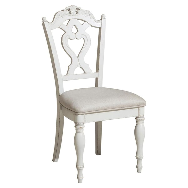 Benjara Victorian Style Writing Desk Chair with Engraved Backrest, Antique White - BM219788