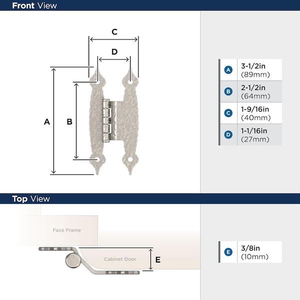 Amerock 3/8in 10mm Offset Non-Self Closing Face Mount Satin Nickel Cabinet Hinge, 1 Pair - BPR3406G10