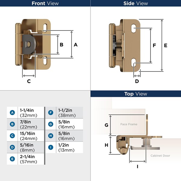Amerock 1/2in 13mm Overlay Single Demountable Partial Wrap Champagne Bronze Cabinet Hinge, 1 Pair - BPR8719CZ