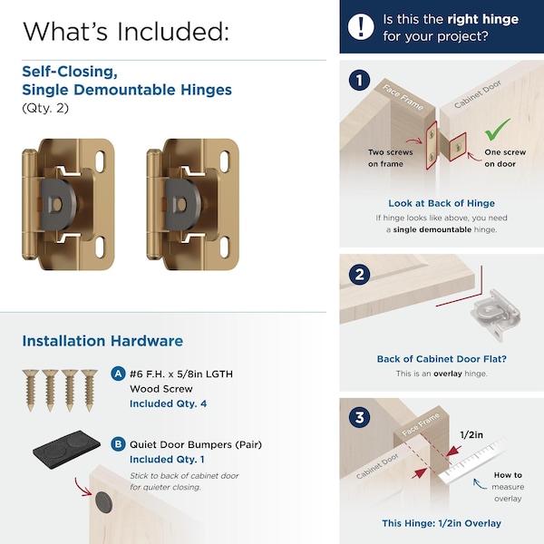 Amerock 1/2in 13mm Overlay Single Demountable Partial Wrap Champagne Bronze Cabinet Hinge, 1 Pair - BPR8719CZ
