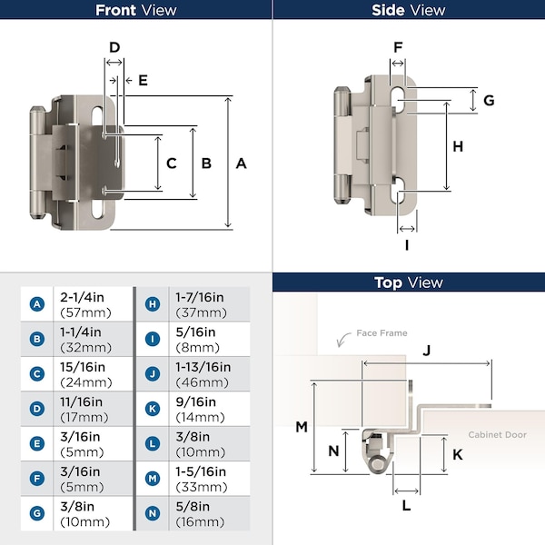 Amerock 3/8in 10 mm Inset Self-Closing, Partial Wrap Satin Nickel Hinge - 1 Pair - BPR7565G10