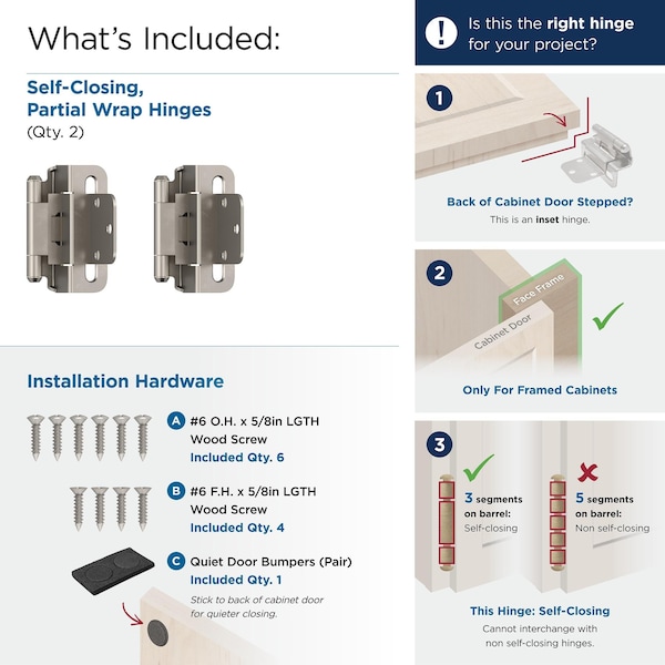 Amerock 3/8in 10 mm Inset Self-Closing, Partial Wrap Satin Nickel Hinge - 1 Pair - BPR7565G10