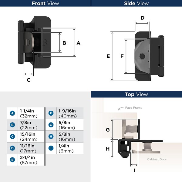 Amerock 1/4in 6mm Overlay Double Demountable Matte Black Cabinet Hinge, 1 Pair - BPR8701FB
