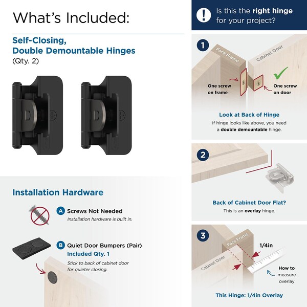 Amerock 1/4in 6mm Overlay Double Demountable Matte Black Cabinet Hinge, 1 Pair - BPR8701FB