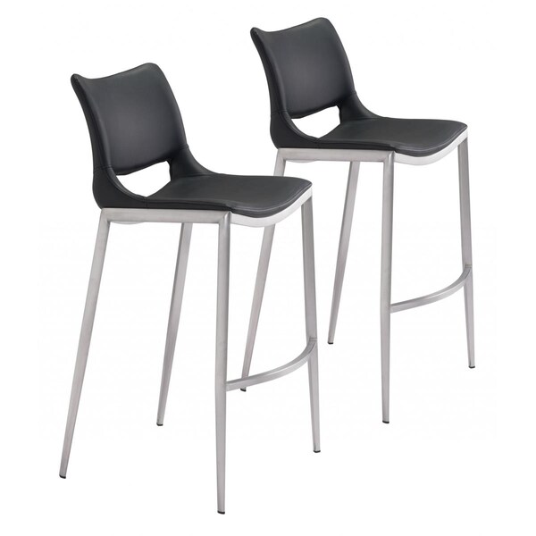 Homeroots Black Faux Leather & Silver Mod Ergo Bar Chairs, 2PK - 396432