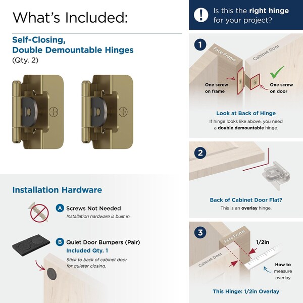Amerock 1/2in 13mm Overlay Double Demountable Golden Champagne Cabinet Hinge, 1 Pair - BPR8704BBZ