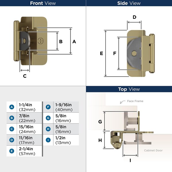 Amerock 1/2in 13mm Overlay Double Demountable Golden Champagne Cabinet Hinge, 1 Pair - BPR8704BBZ