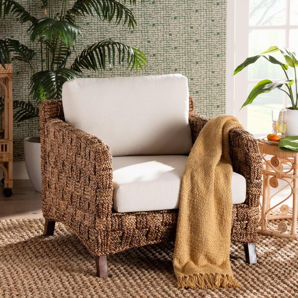 Bali & Pari Vevina Modern Bohemian Dark Brown Mahogany Wood and Woven Seagrass Arm Chair - 238-13482-ZORO