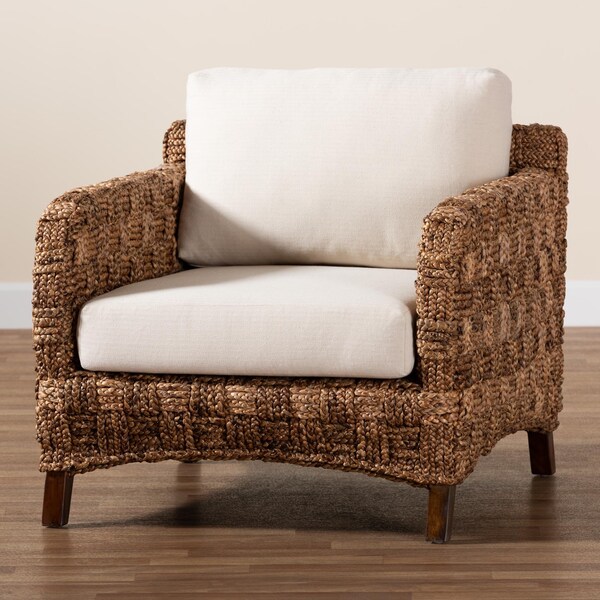 Bali & Pari Vevina Modern Bohemian Dark Brown Mahogany Wood and Woven Seagrass Arm Chair - 238-13482-ZORO