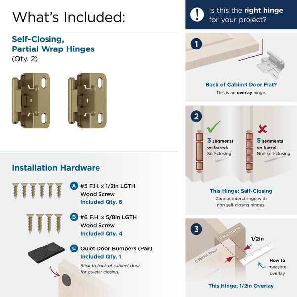 Amerock 1/2in 13mm Overlay Self Closing Partial Wrap Golden Champagne Cabinet Hinge, 1 Pair - BPR7550BBZ