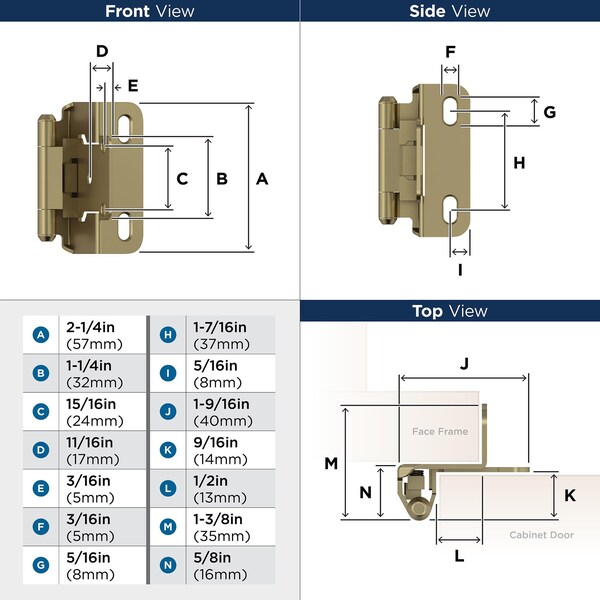 Amerock 1/2in 13mm Overlay Self Closing Partial Wrap Golden Champagne Cabinet Hinge, 1 Pair - BPR7550BBZ