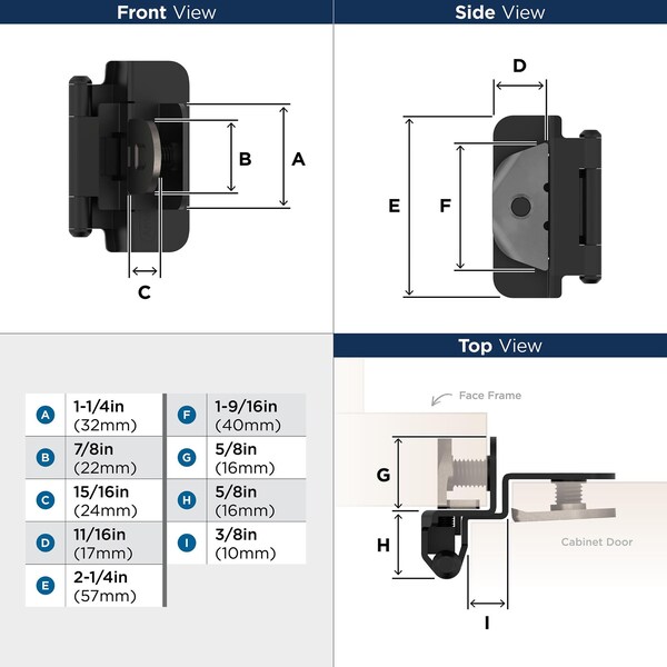 Amerock 3/8in 10mm Inset Double Demountable Matte Black Cabinet Hinge, 1 Pair - BPR8700FB