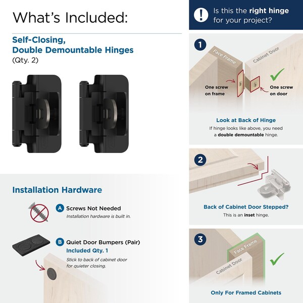 Amerock 3/8in 10mm Inset Double Demountable Matte Black Cabinet Hinge, 1 Pair - BPR8700FB
