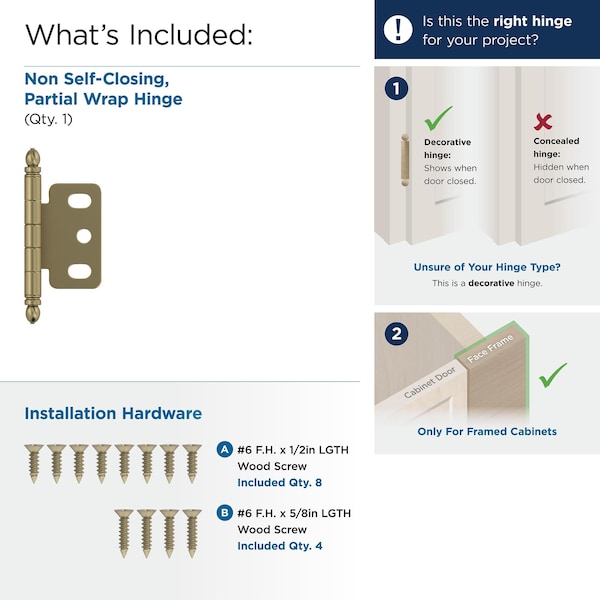 Amerock 3/4in 19mm Door Thickness Full Inset Partial Wrap Ball Tip Golden Champagne Cabinet Hinge, Single - PK3180TBBBZ