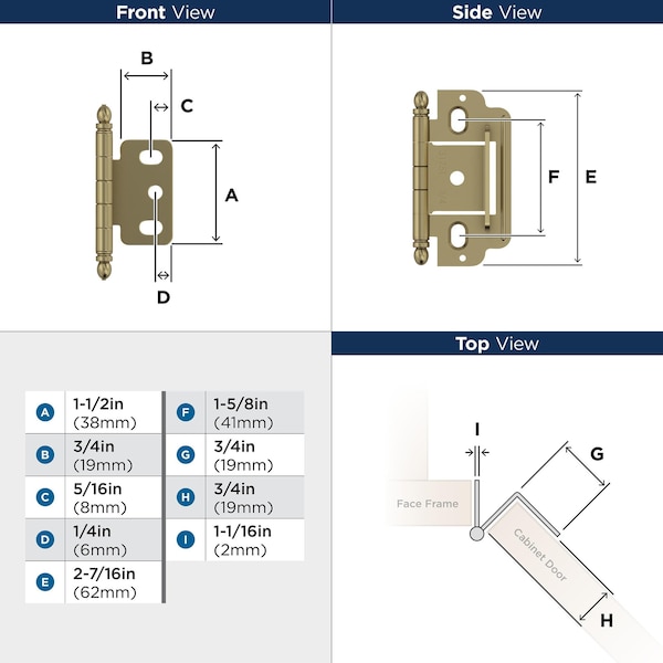 Amerock 3/4in 19mm Door Thickness Full Inset Partial Wrap Ball Tip Golden Champagne Cabinet Hinge, Single - PK3180TBBBZ