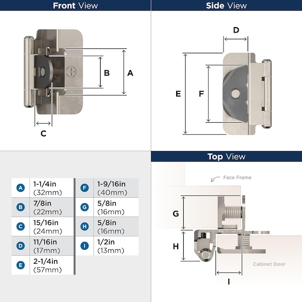 Amerock 1/2in 13mm Overlay Double Demountable Sterling Nickel Cabinet Hinge, 1 Pair - BPR8704G9