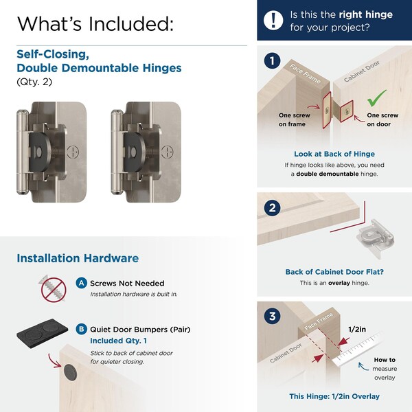 Amerock 1/2in 13mm Overlay Double Demountable Sterling Nickel Cabinet Hinge, 1 Pair - BPR8704G9