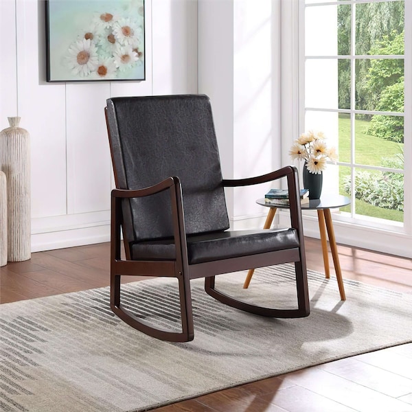 Acme Faux Leather Upholstered Rocking Chair in Dark Brown and Espresso - ER-0205BN
