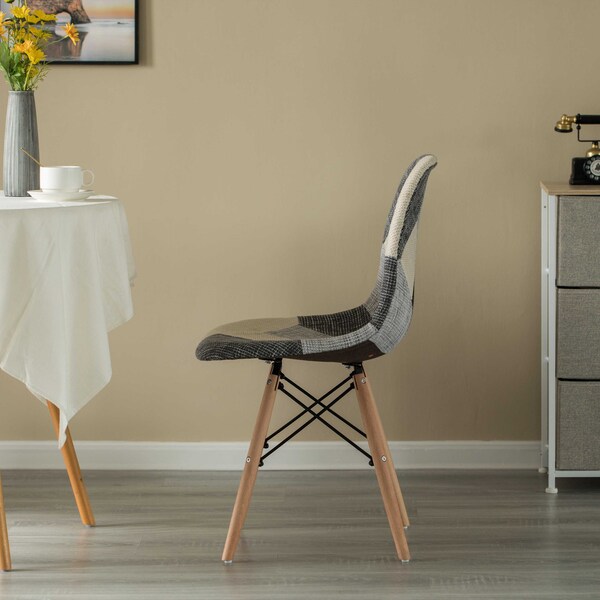 Fabulaxe White Patchwork Fabric Chair with Wooden Legs for Kitchen, Dining Room, Entryway, Living Room - QI004230