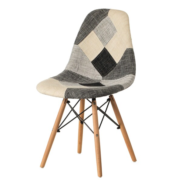 Fabulaxe White Patchwork Fabric Chair with Wooden Legs for Kitchen, Dining Room, Entryway, Living Room - QI004230