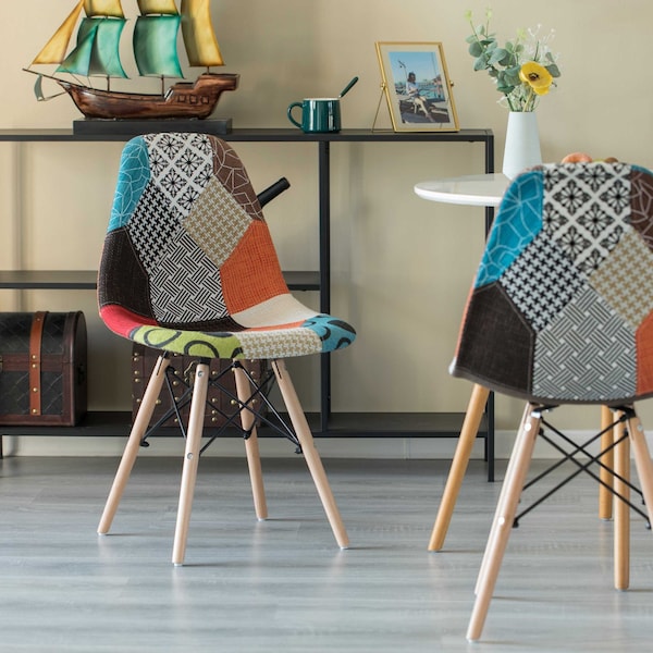 Fabulaxe Modern Fabric Patchwork Chair w/Wooden Legs for Kitchen, Dining Room, Entryway, Living Room, Single - QI004328