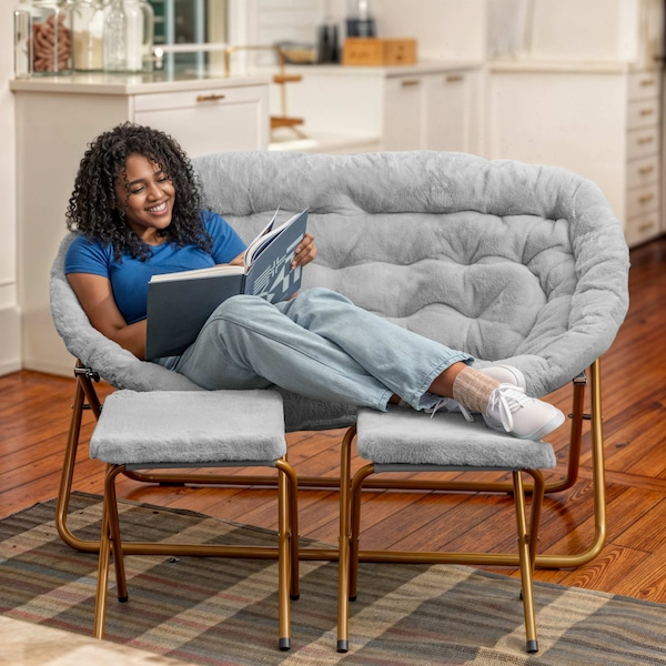 Flash Furniture Eleanor 56-in Portable Folding Double Saucer Chair w/2 Folding Ottomans Gray Faux Fur w/Gold Frame - FV-FDS-001-2FR-GY-SGD-GG