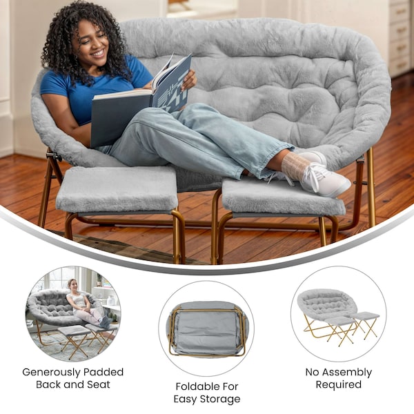 Flash Furniture Eleanor 56-in Portable Folding Double Saucer Chair w/2 Folding Ottomans Gray Faux Fur w/Gold Frame - FV-FDS-001-2FR-GY-SGD-GG