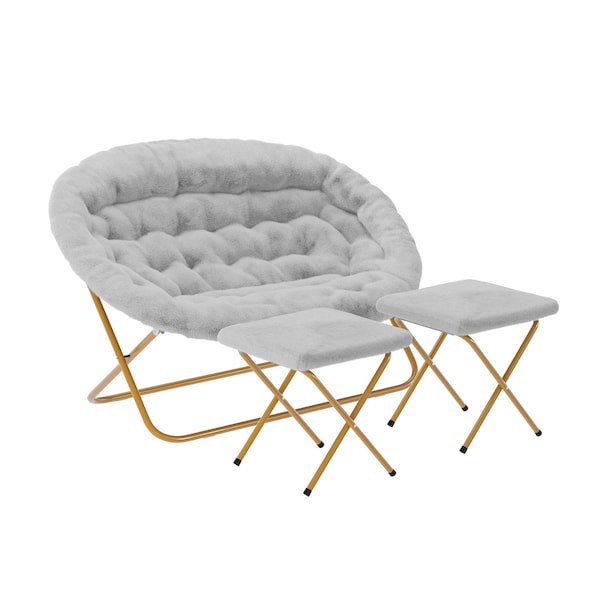 Flash Furniture Eleanor 56-in Portable Folding Double Saucer Chair w/2 Folding Ottomans Gray Faux Fur w/Gold Frame - FV-FDS-001-2FR-GY-SGD-GG