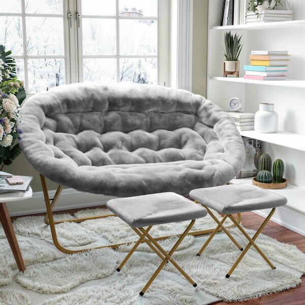 Flash Furniture Eleanor 56-in Portable Folding Double Saucer Chair w/2 Folding Ottomans Gray Faux Fur w/Gold Frame - FV-FDS-001-2FR-GY-SGD-GG