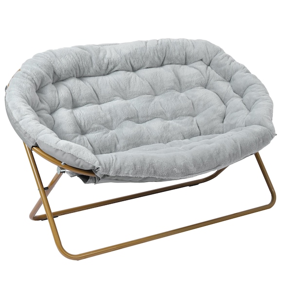 Flash Furniture Eleanor 56-in Portable Folding Double Saucer Chair w/2 Folding Ottomans Gray Faux Fur w/Gold Frame - FV-FDS-001-2FR-GY-SGD-GG
