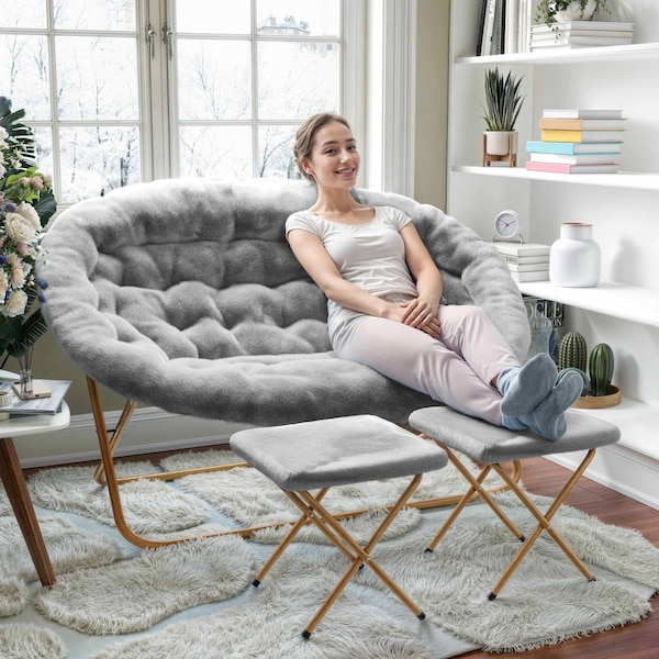 Flash Furniture Eleanor 56-in Portable Folding Double Saucer Chair w/2 Folding Ottomans Gray Faux Fur w/Gold Frame - FV-FDS-001-2FR-GY-SGD-GG