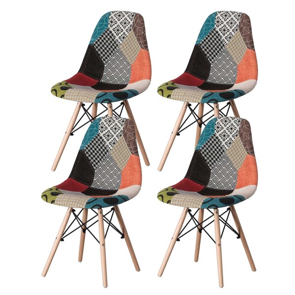 Fabulaxe Modern Fabric Patchwork Chair w/Wooden Legs for Kitchen, Dining Room, Entryway, Living Room, PK 4 - QI004328.4