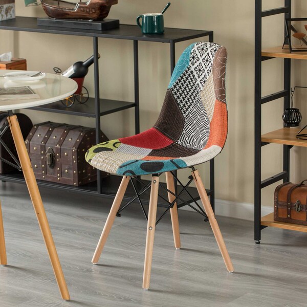 Fabulaxe Modern Fabric Patchwork Chair w/Wooden Legs for Kitchen, Dining Room, Entryway, Living Room, PK 4 - QI004328.4
