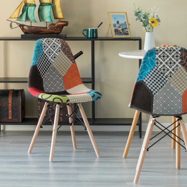 Fabulaxe Modern Fabric Patchwork Chair w/Wooden Legs for Kitchen, Dining Room, Entryway, Living Room, PK 4 - QI004328.4