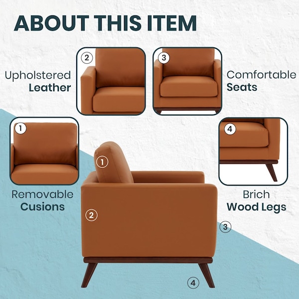 Leisuremod Chester Modern Leather Accent Armchair with Birch Wood Base, Cognac Tan - CS33TN-L