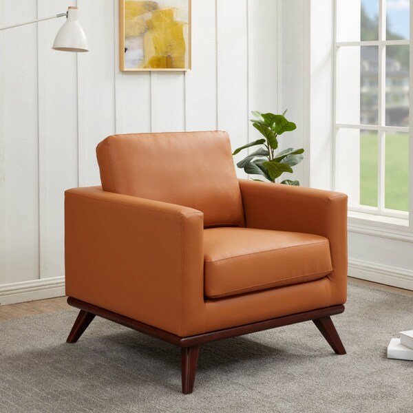 Leisuremod Chester Modern Leather Accent Armchair with Birch Wood Base, Cognac Tan - CS33TN-L