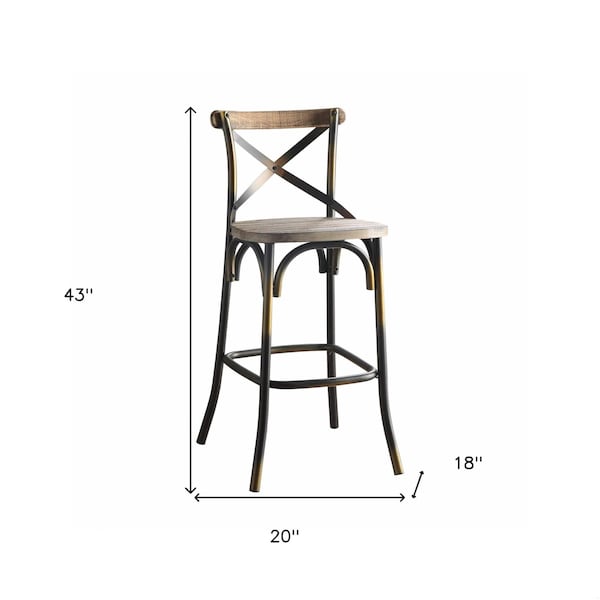 Homeroots 43 in. High Back Antiqued Copper & Oak Finish Bar Chair - 376982
