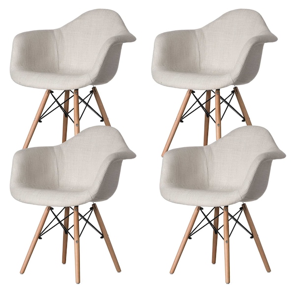 Fabulaxe Mid-Century Modern Style Fabric Lined Armchair with Beech Wooden Legs, White, PK 4 - QI004325.WT.4