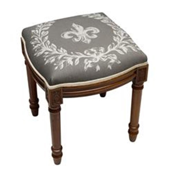 123 Creations Grey Fleur De Lis Upholstered Wooden Vanity Stool, Wood Stain - FS048XXGY