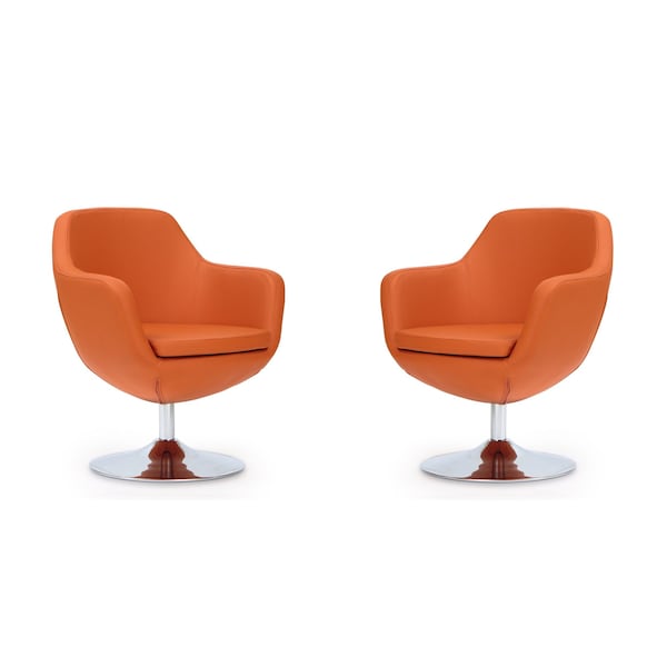 Manhattan Comfort Caisson Faux Leather Swivel Accent Chair in Orange and Polished Chrome (Set of 2) - 2-AC028-OR