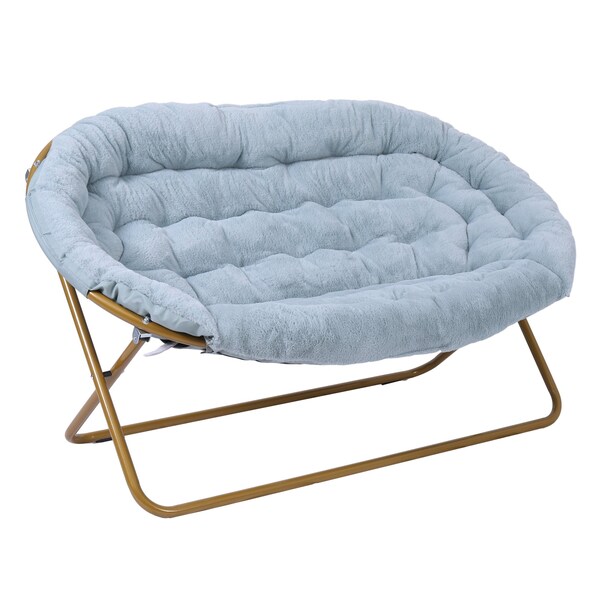 Flash Furniture Eleanor 56-in Portable Folding Double Saucer Chair w/2 Folding Ottomans, Aqua Faux Fur w/Gold Frame - FV-FDS-001-2FR-DTAQ-SGD-GG